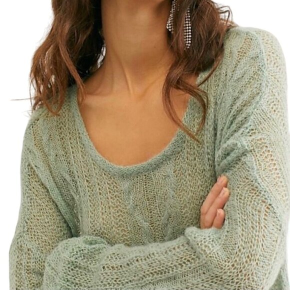 Free People Angel Soft Wool Alpaca Cable Knit Mint Green Sweater Size M - Picture 5 of 9
